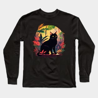 Black Cat in Colorful Garden Cat Mom Long Sleeve T-Shirt